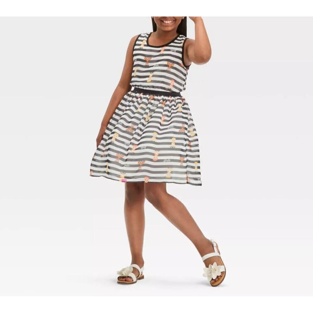 Target Girls' Barbie Retro Character Chiffon Dress White/Black Sleeveless Size M